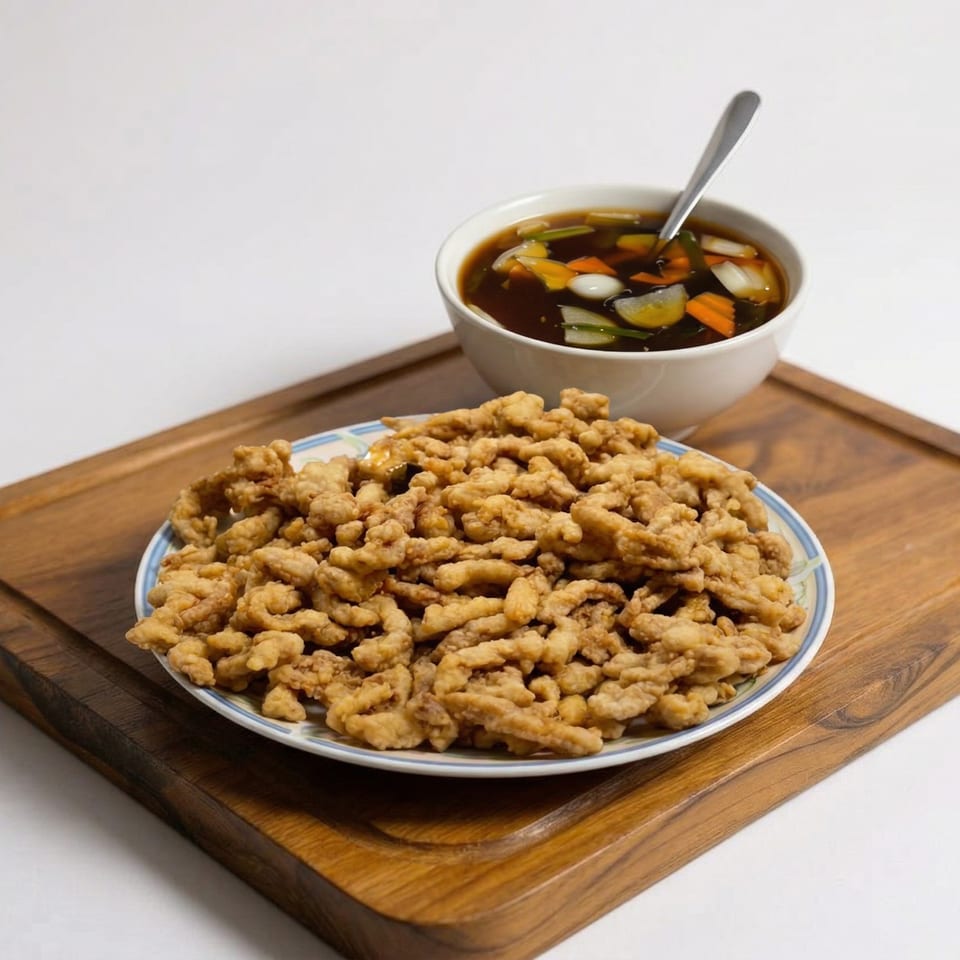 Crispy fried chicken pieces on a plate next to a bowl of sweet and sour sauce with vegetables.