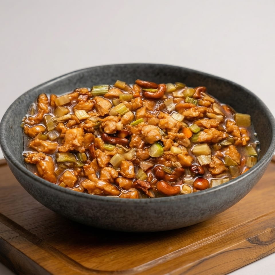 A dark bowl filled with cashew chicken, featuring chicken pieces, cashews, and green onions in sauce.