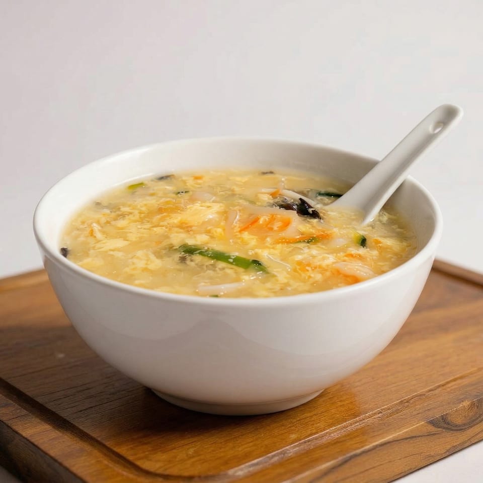 A white bowl of egg drop soup with vegetables and mushrooms, with a spoon, on a wooden board.