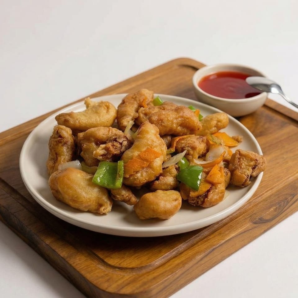 Sweet and sour chicken with bell peppers and onions, served with a side of red sauce.