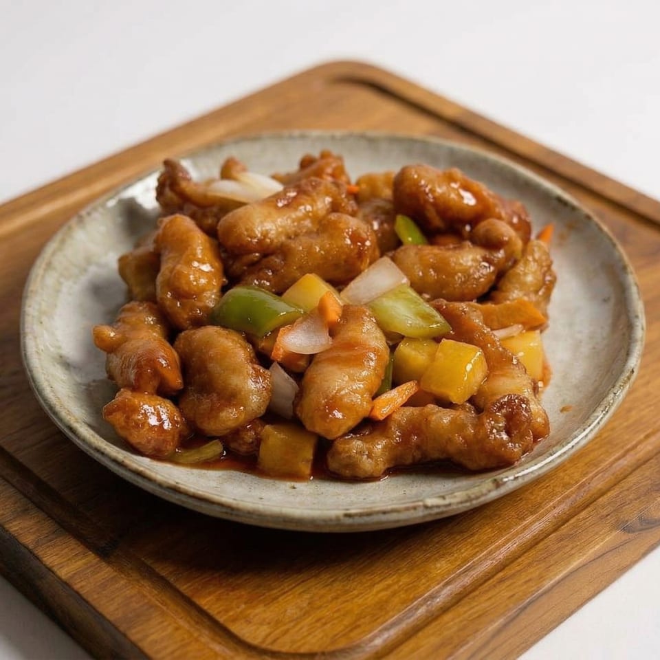 Sweet and sour chicken with bell peppers, onions, and pineapple on a rustic plate.