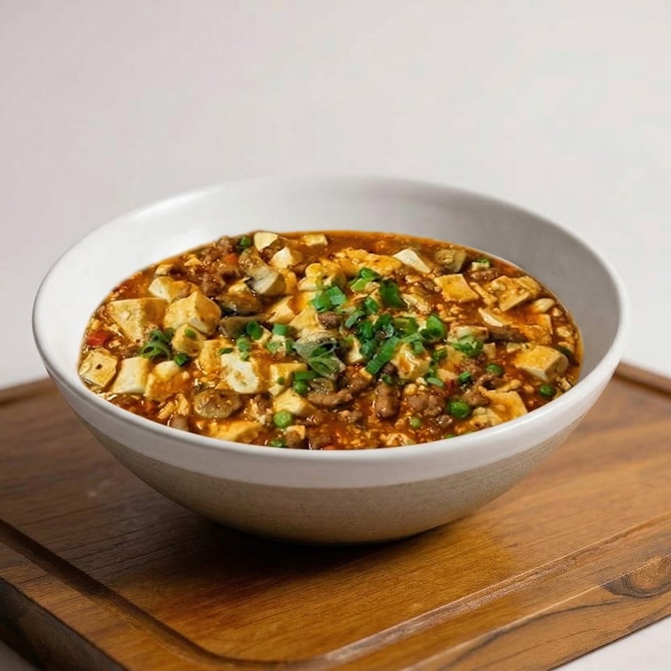 A white bowl of Mapo Tofu with minced meat and green onions on a wooden board.