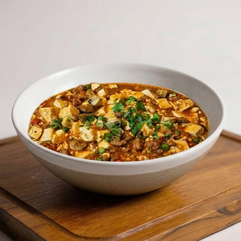 A white bowl of Mapo Tofu with minced meat and green onions on a wooden board.